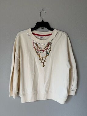 Maeve Cream Pullover with Red Trim and Multicolored Beaded Embellishment
